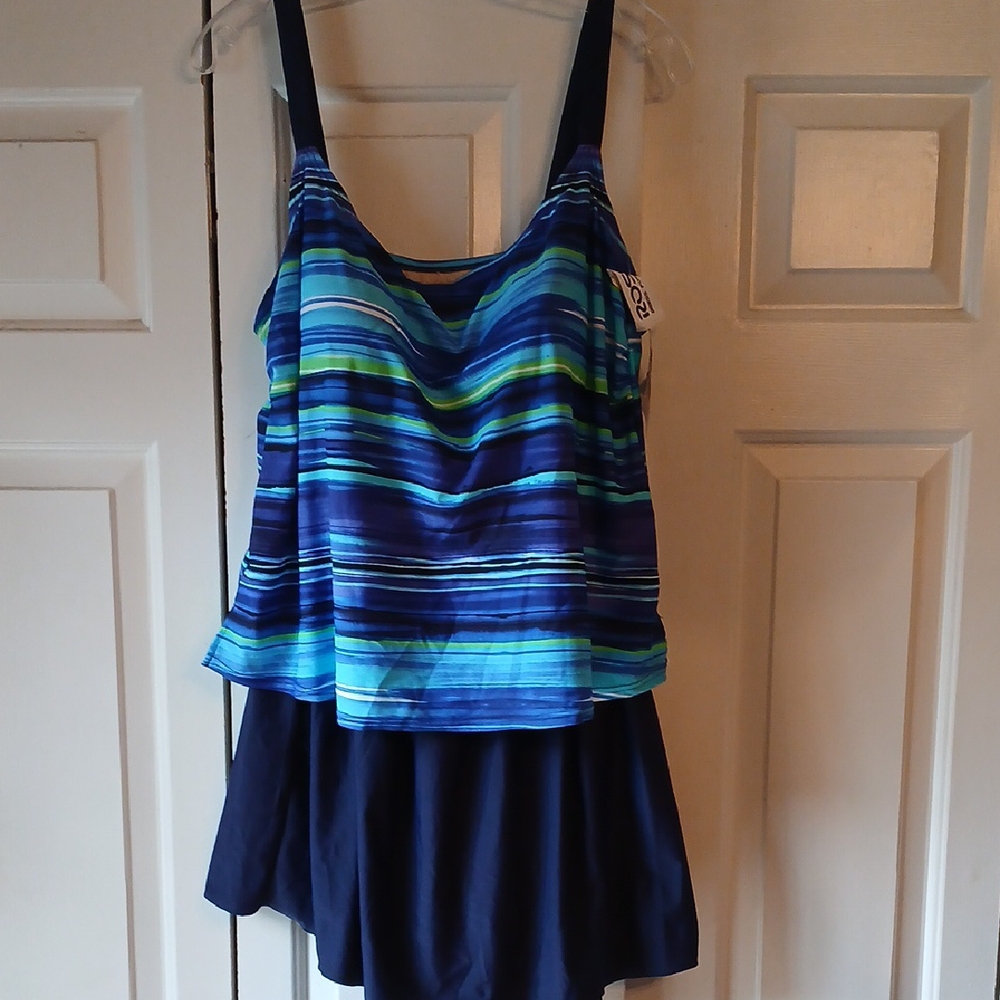 Indigo Bay Vibrant Striped Swim One Piece Tank Top with Navy Skirt 22W